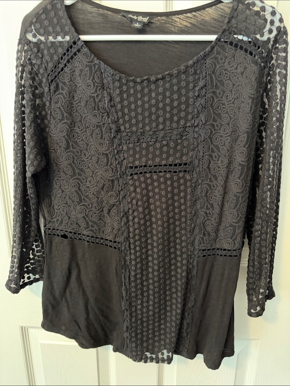 Lucky Brand Black Crochet Lace Mixed-Media Tunic Top